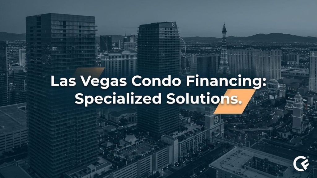 Aerial view of Las Vegas condos and the Eiffel Tower replica at dusk, with text: Las Vegas Condo Financing.