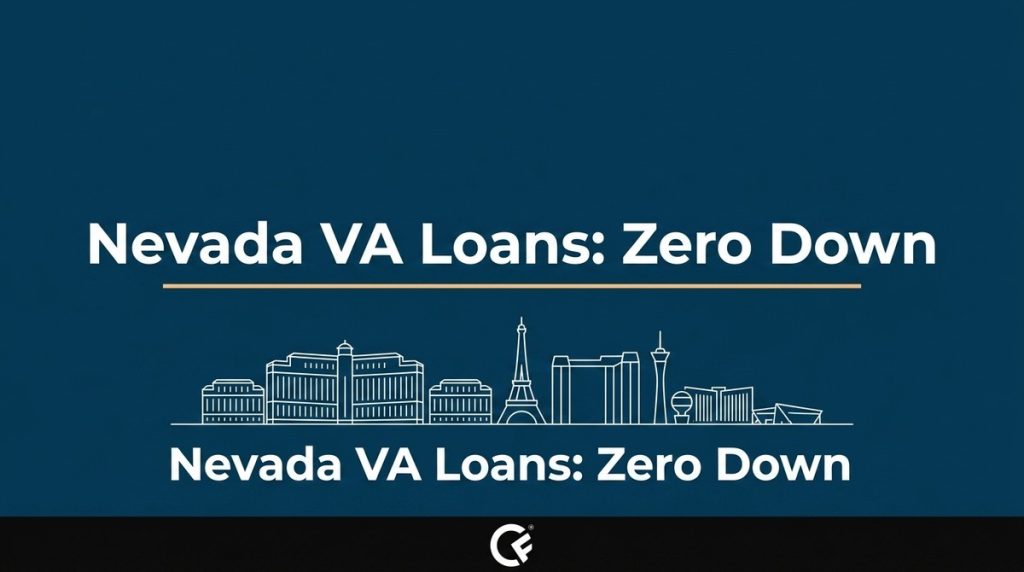Nevada VA Loans: Zero Down text with a white outline of the Las Vegas skyline on a dark blue background.