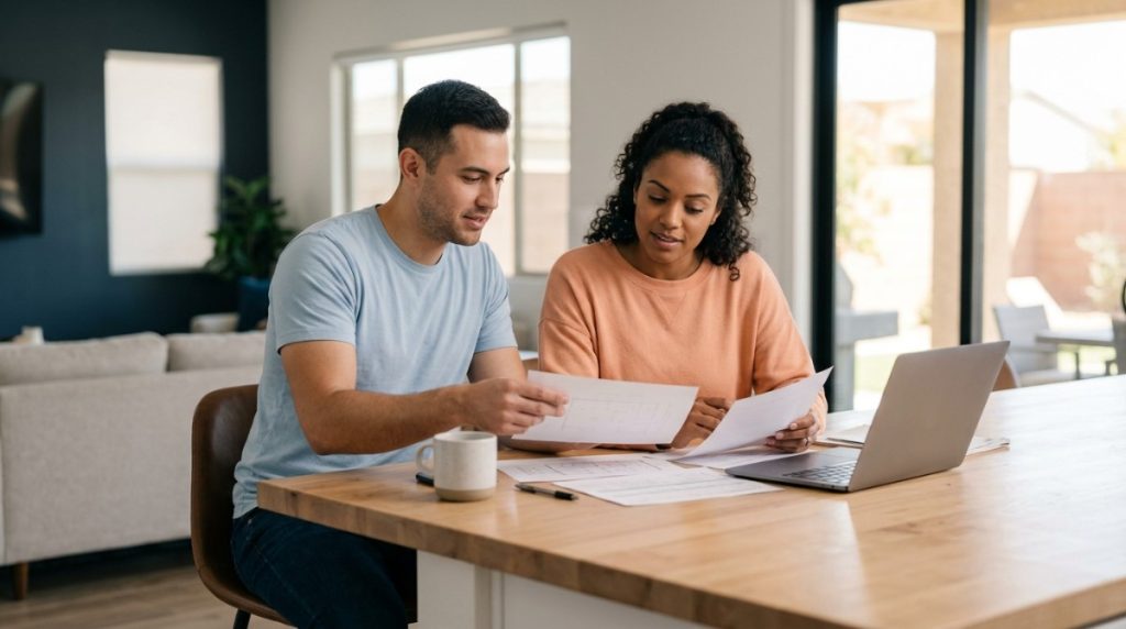 A couple reviews documents and a laptop at a wooden table, possibly Las Vegas homebuyers.