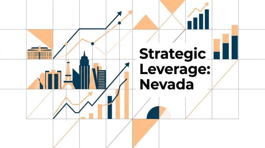 Grid with Las Vegas landmarks, rising bar graphs, and text: Strategic Leverage: Nevada.