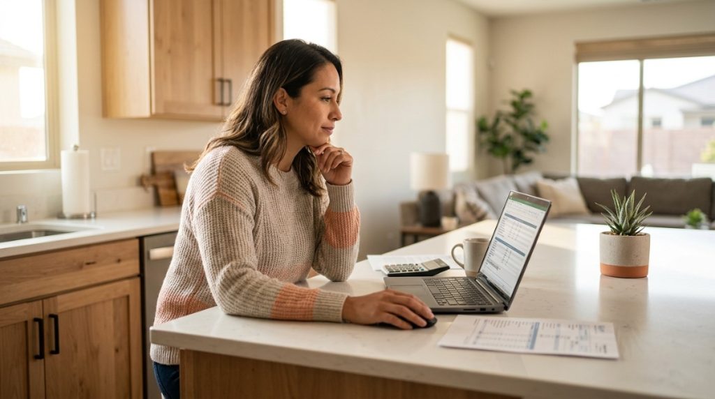 Woman in a light sweater working on a laptop in a bright kitchen, calculating self-employed mortgage strategies.