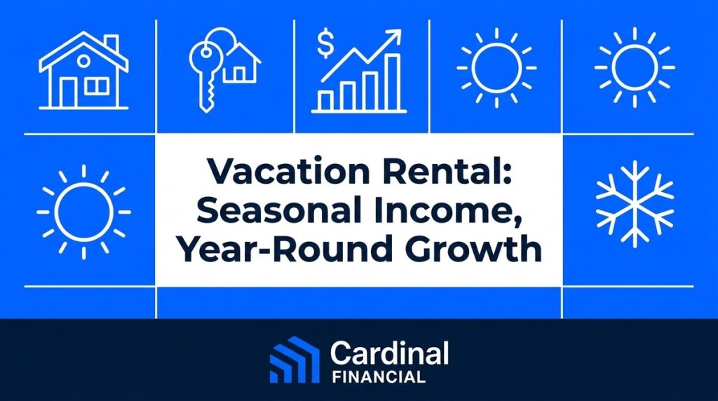 Blue graphic with icons: house, key, growth chart, suns, snowflake. Text: Vacation Rental: Seasonal Income, Year-Round Growth