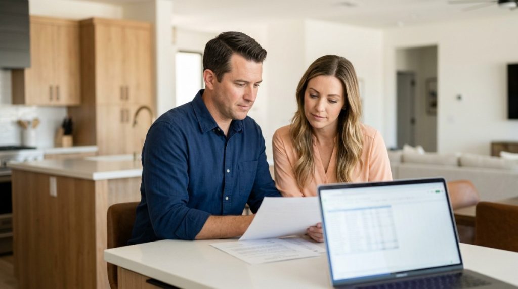 A couple reviews documents at a table with a laptop, discussing moving a property into an LLC.