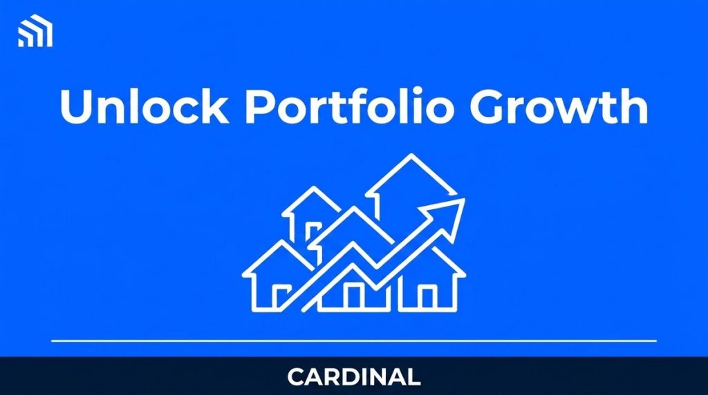 White text "Unlock Portfolio Growth" above a group of house icons with an upward trending arrow.