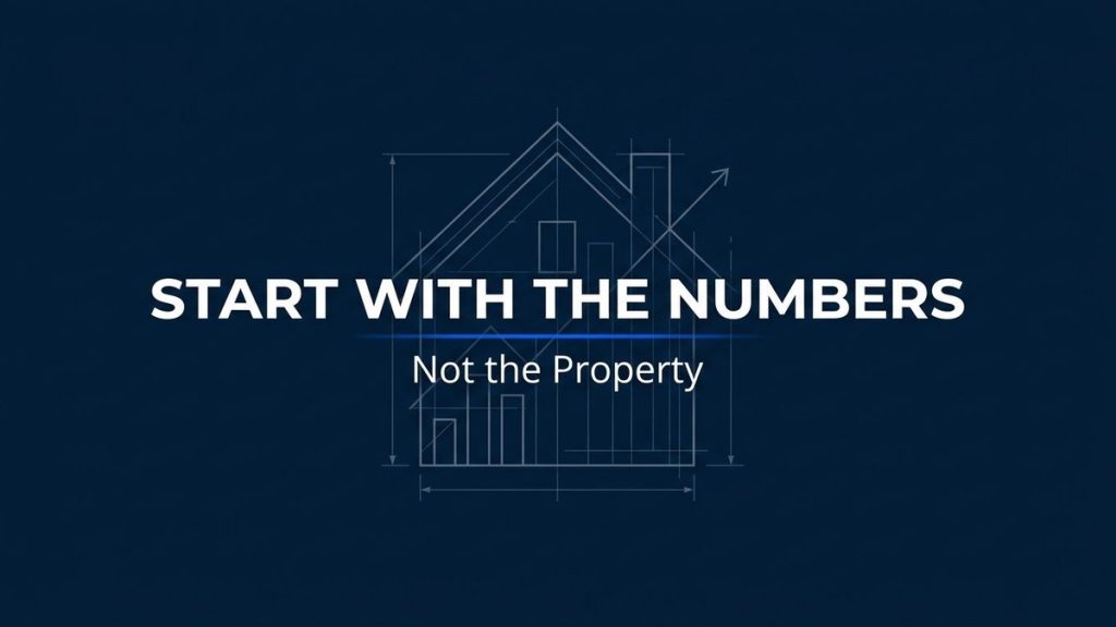 Blueprint house with bar graph and text: "START WITH THE NUMBERS Not the Property" on dark blue.