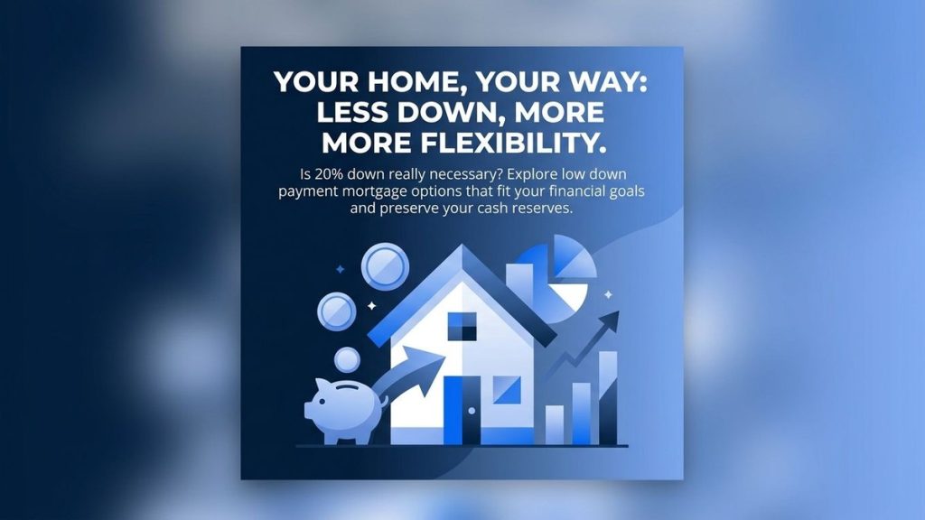 A house illustration with a piggy bank, coins, a pie chart, and rising bar graphs, showing down payment strategies.